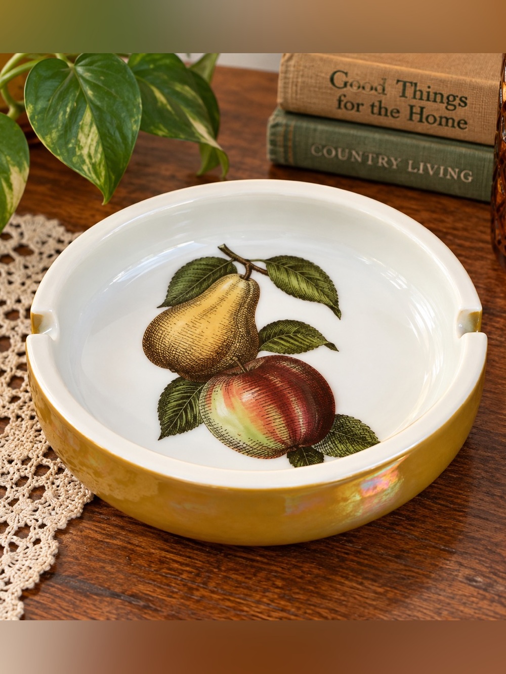 Vintage Ashtray Apple Pear Ceramic Opalescent Harvest Gold Retro Fruit 6”